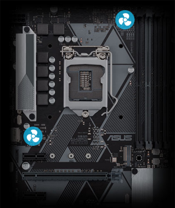   Top view of the motherboard with fan icons indicating fan headers 
